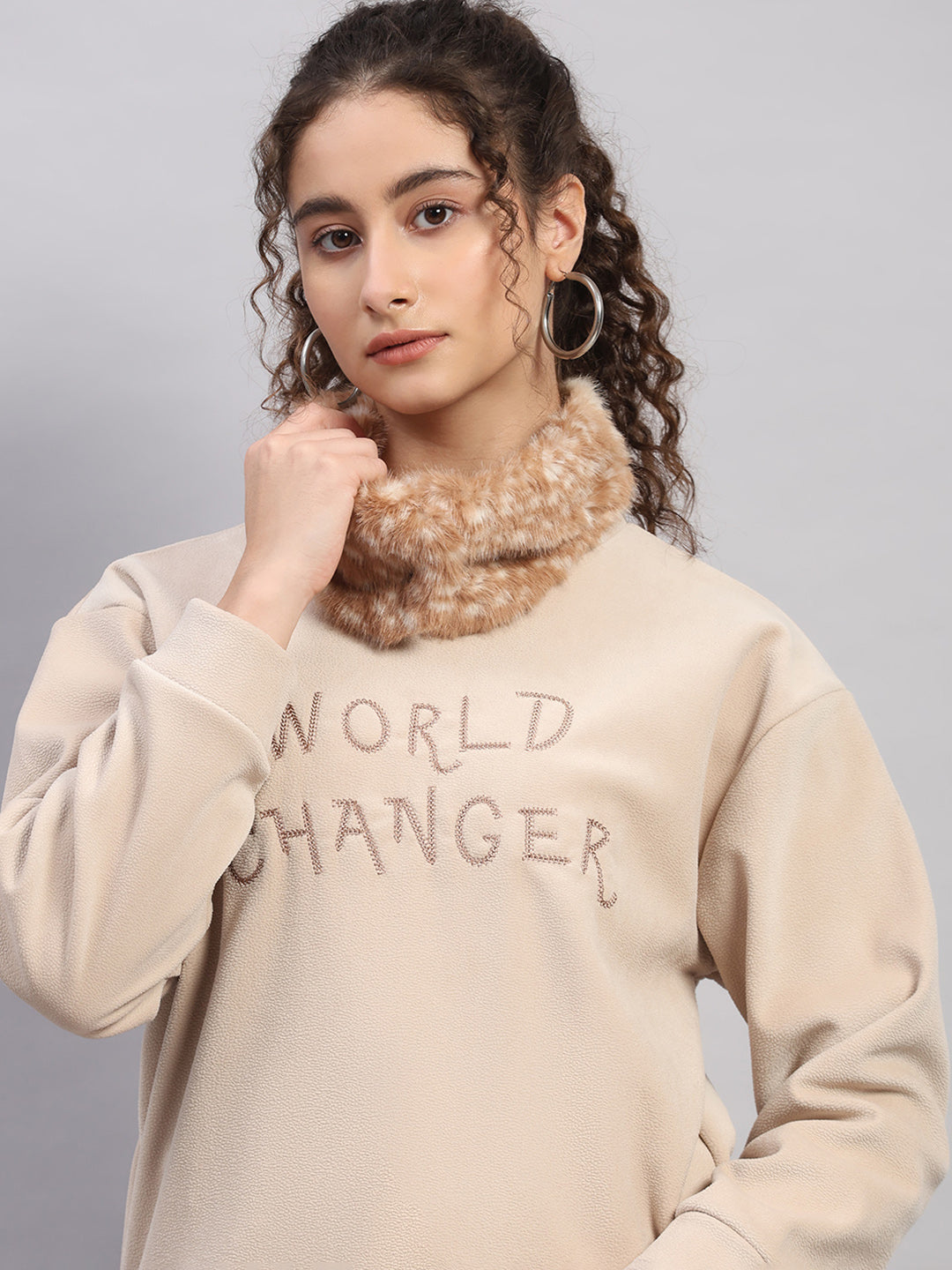 Women Beige Embroidered Round Neck Full Sleeve Sweatshirt