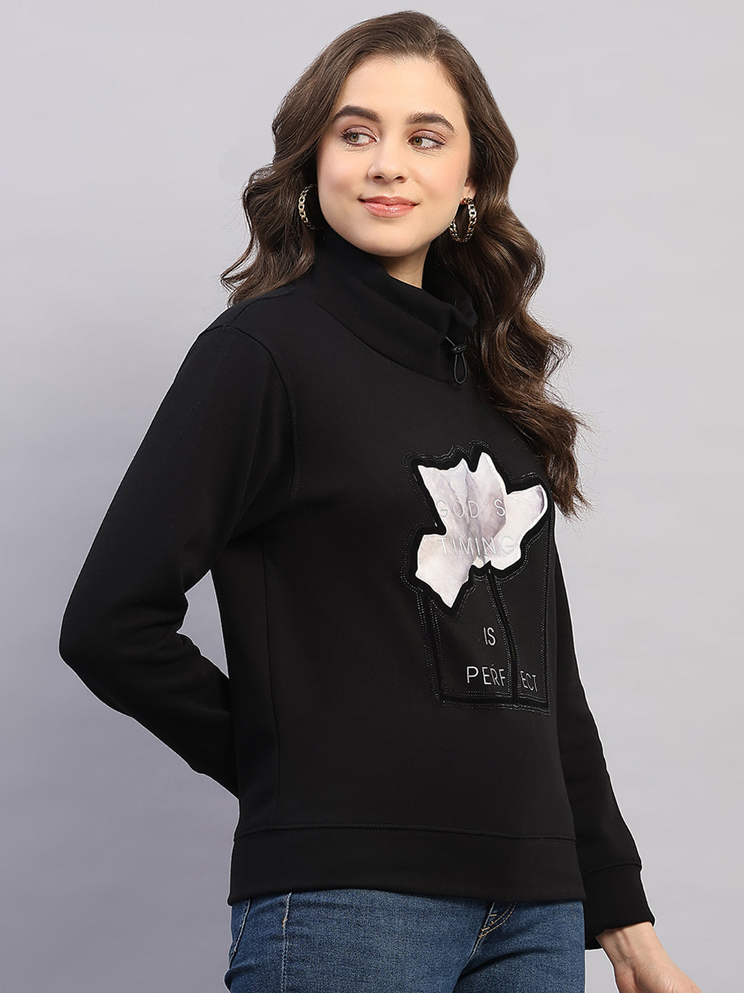 Women Black Printed High Neck Full Sleeve Sweatshirt