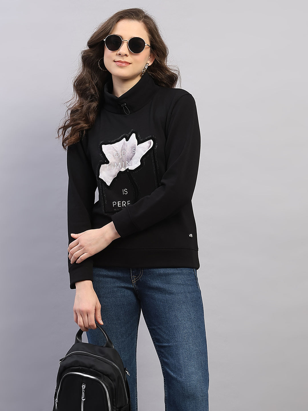 Women Black Printed High Neck Full Sleeve Sweatshirt