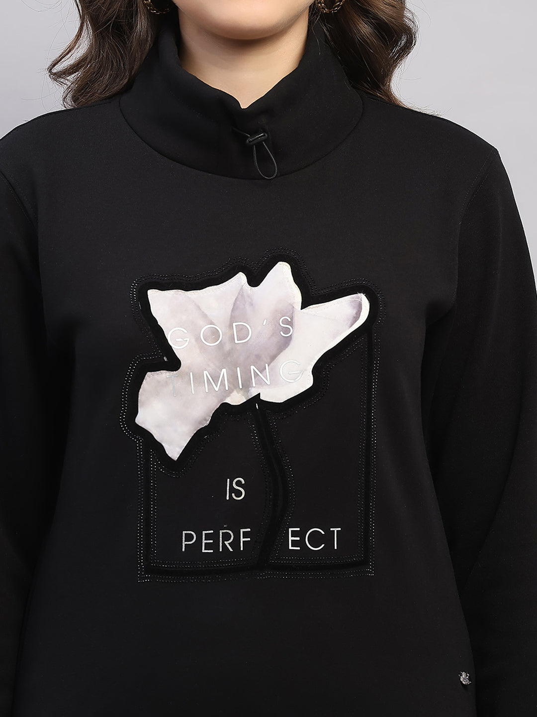 Women Black Printed High Neck Full Sleeve Sweatshirt