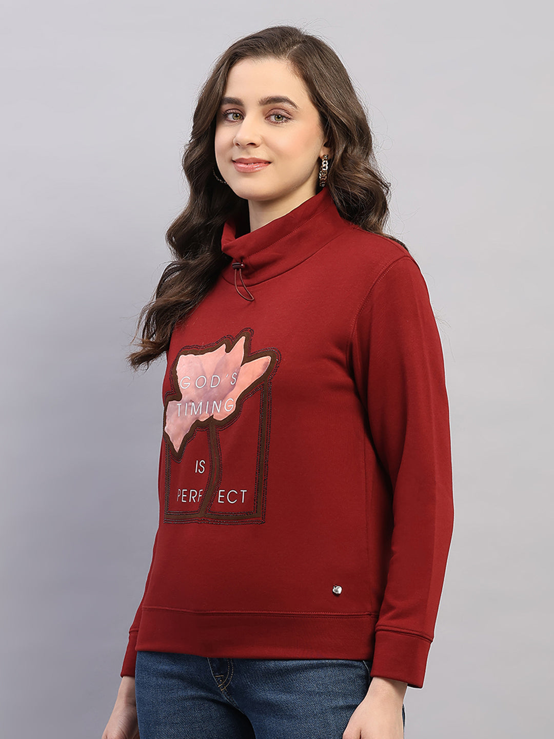 Women Rust Printed High Neck Full Sleeve Sweatshirt