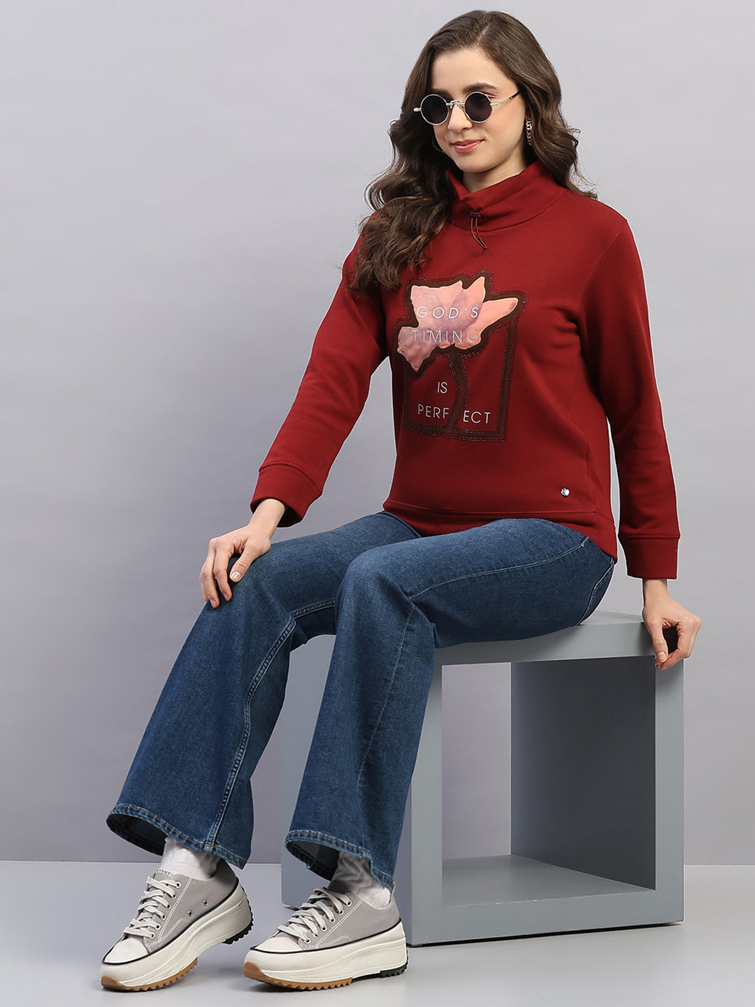 Women Rust Printed High Neck Full Sleeve Sweatshirt