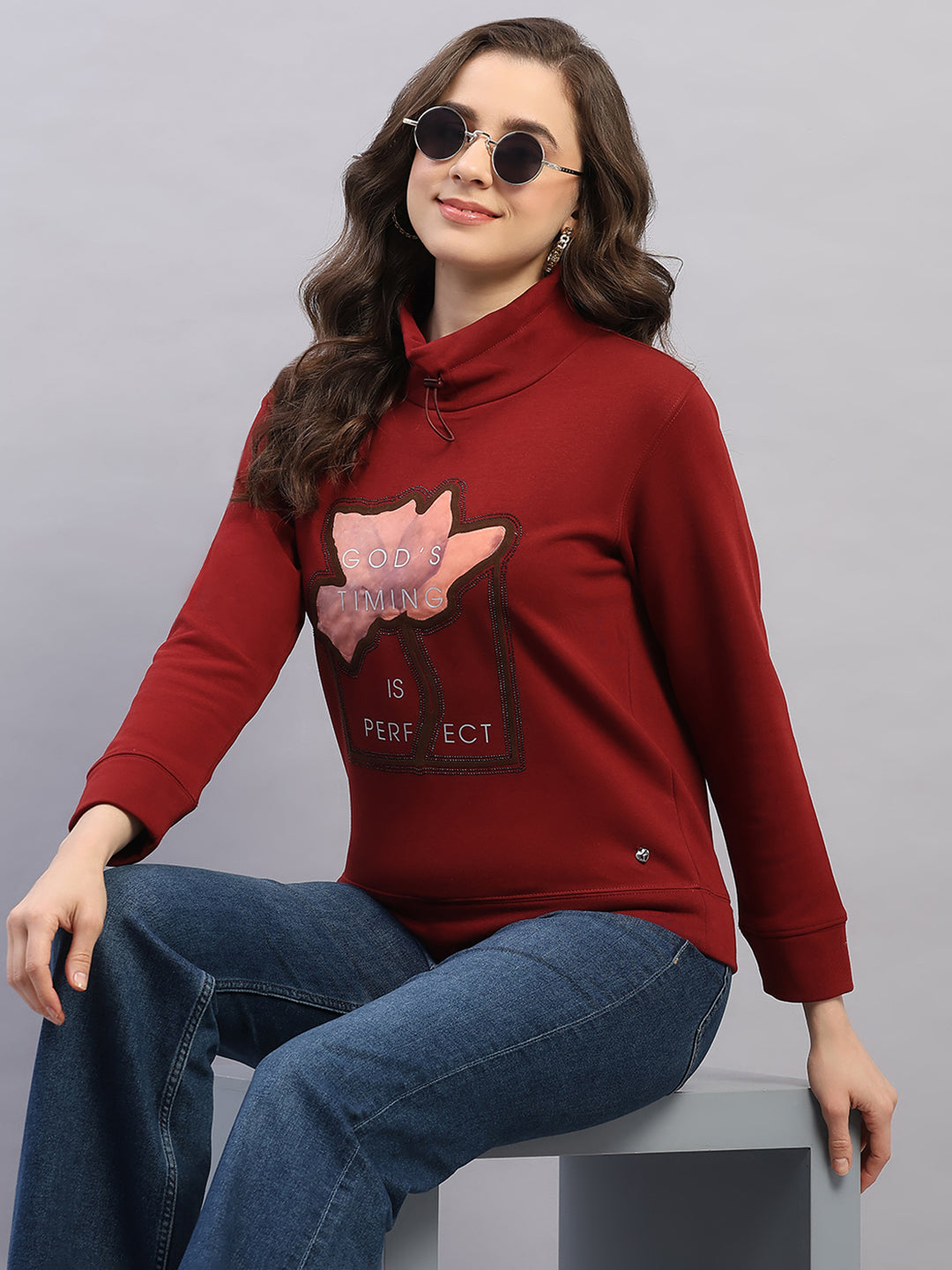 Women Rust Printed High Neck Full Sleeve Sweatshirt