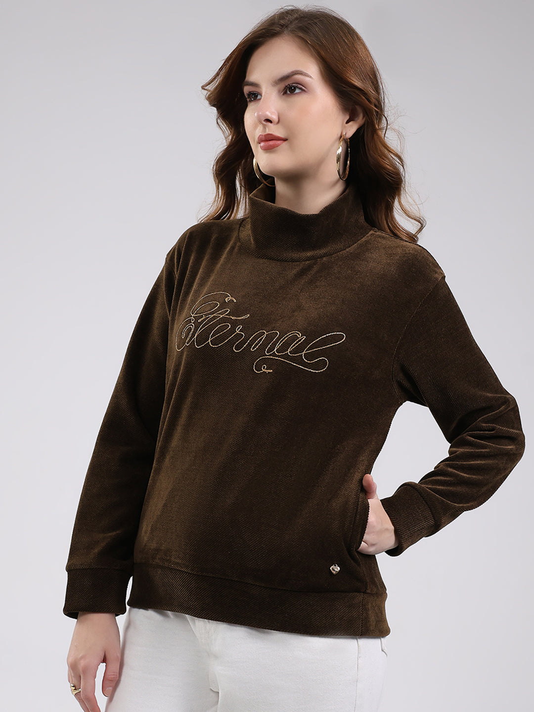 Women Brown Self Design High Neck Full Sleeve Sweatshirt