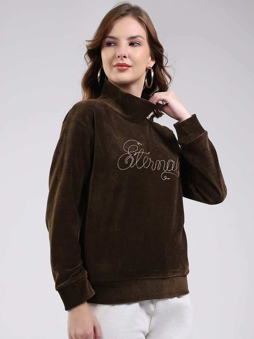 Women Brown Self Design High Neck Full Sleeve Sweatshirt