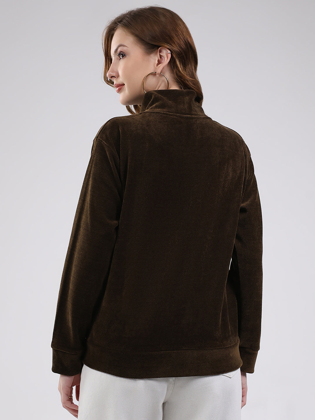 Women Brown Self Design High Neck Full Sleeve Sweatshirt
