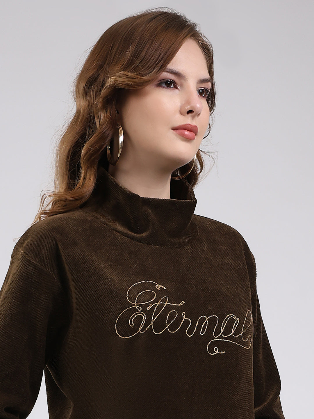 Women Brown Self Design High Neck Full Sleeve Sweatshirt