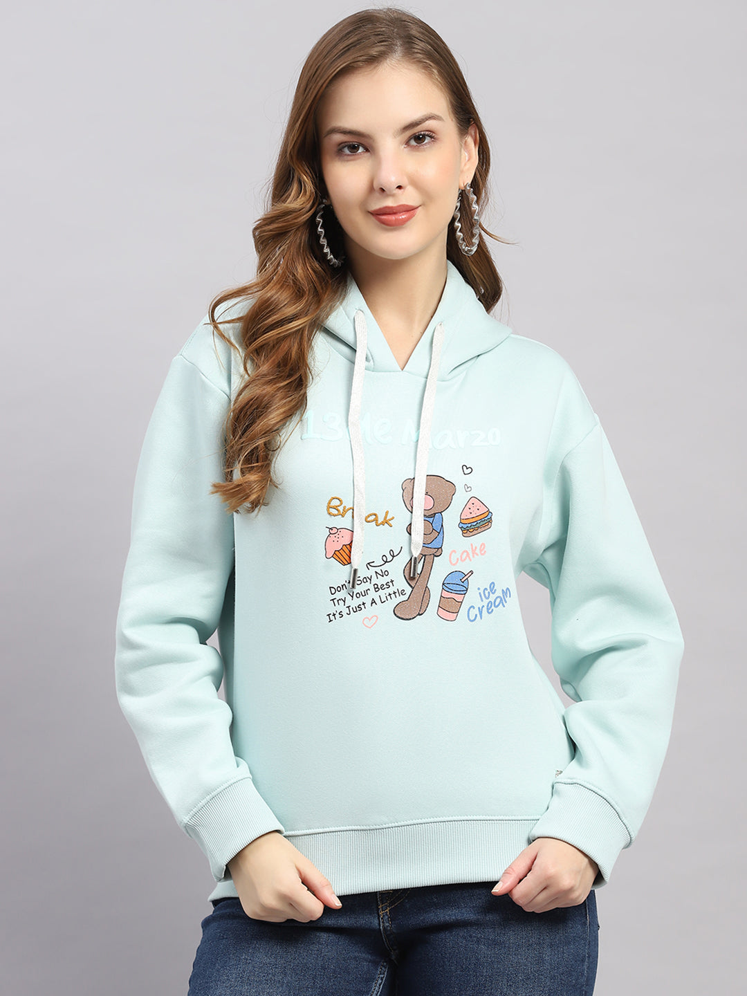 Women Sea Green Printed Hooded Full Sleeve Sweatshirt