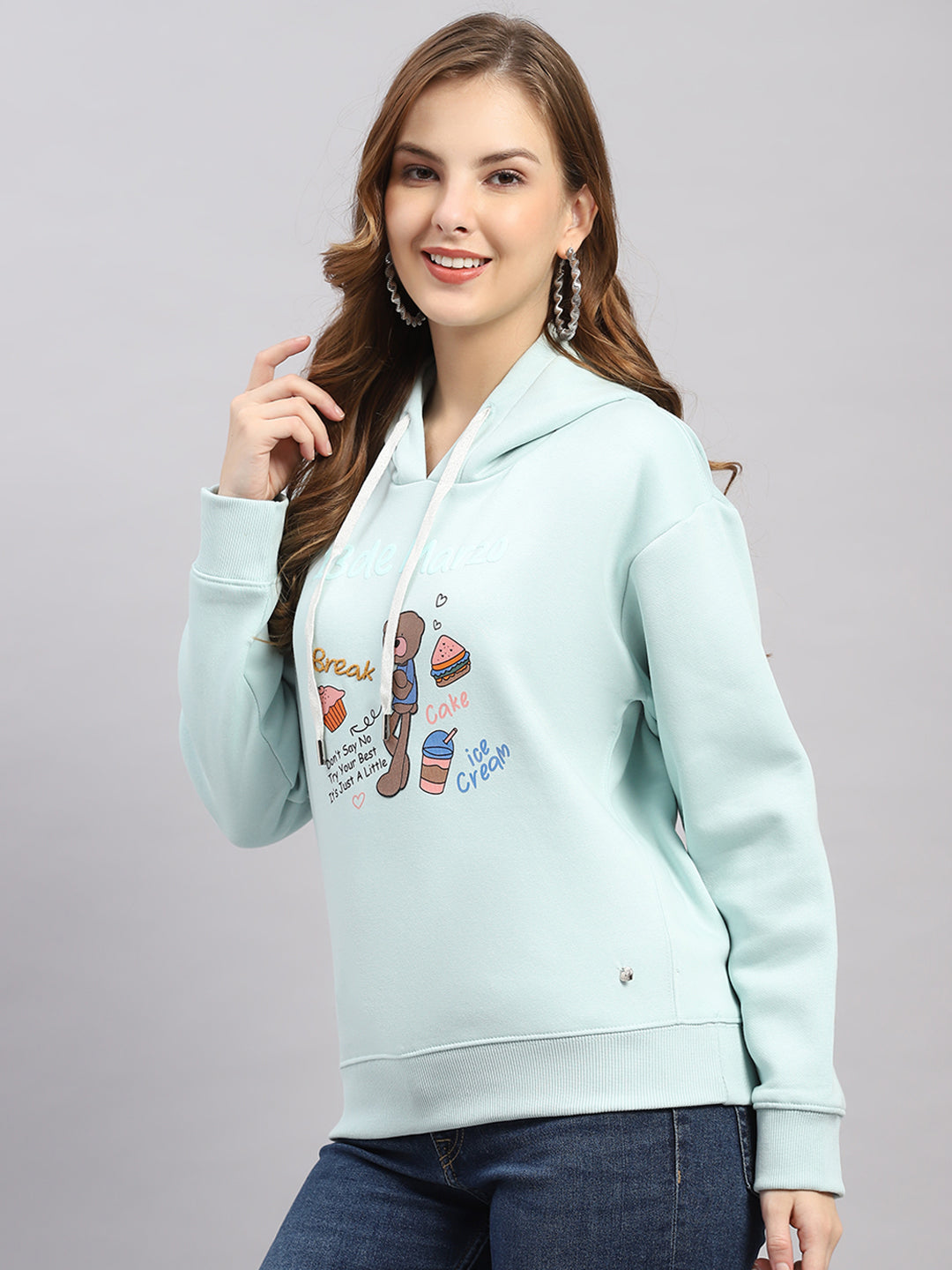 Women Sea Green Printed Hooded Full Sleeve Sweatshirt