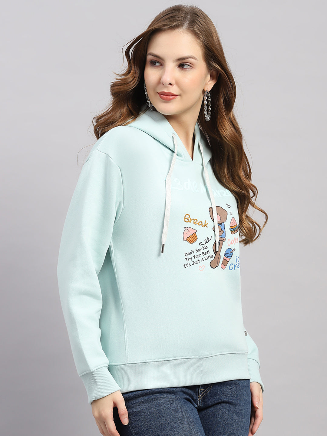 Women Sea Green Printed Hooded Full Sleeve Sweatshirt