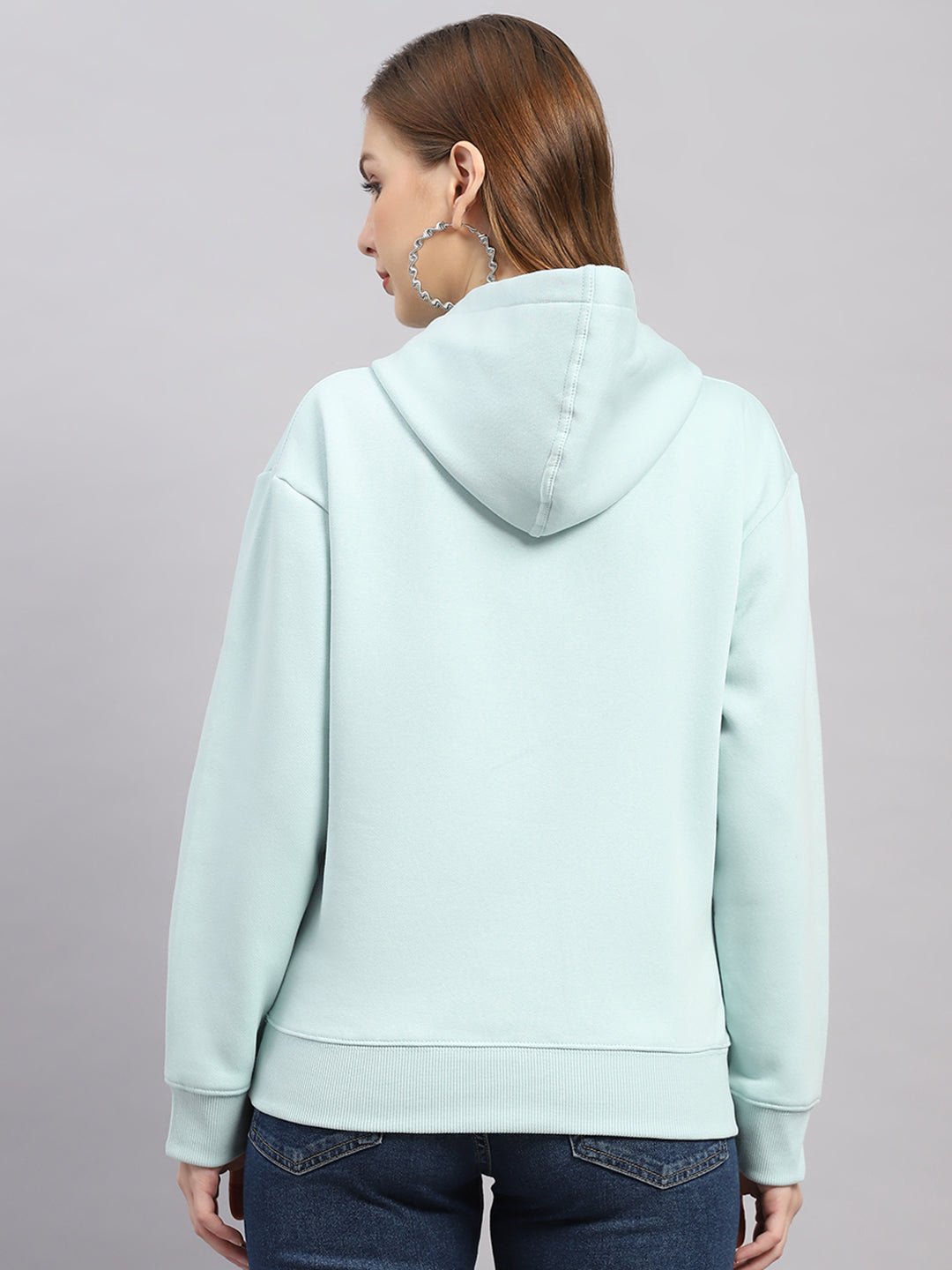 Women Sea Green Printed Hooded Full Sleeve Sweatshirt