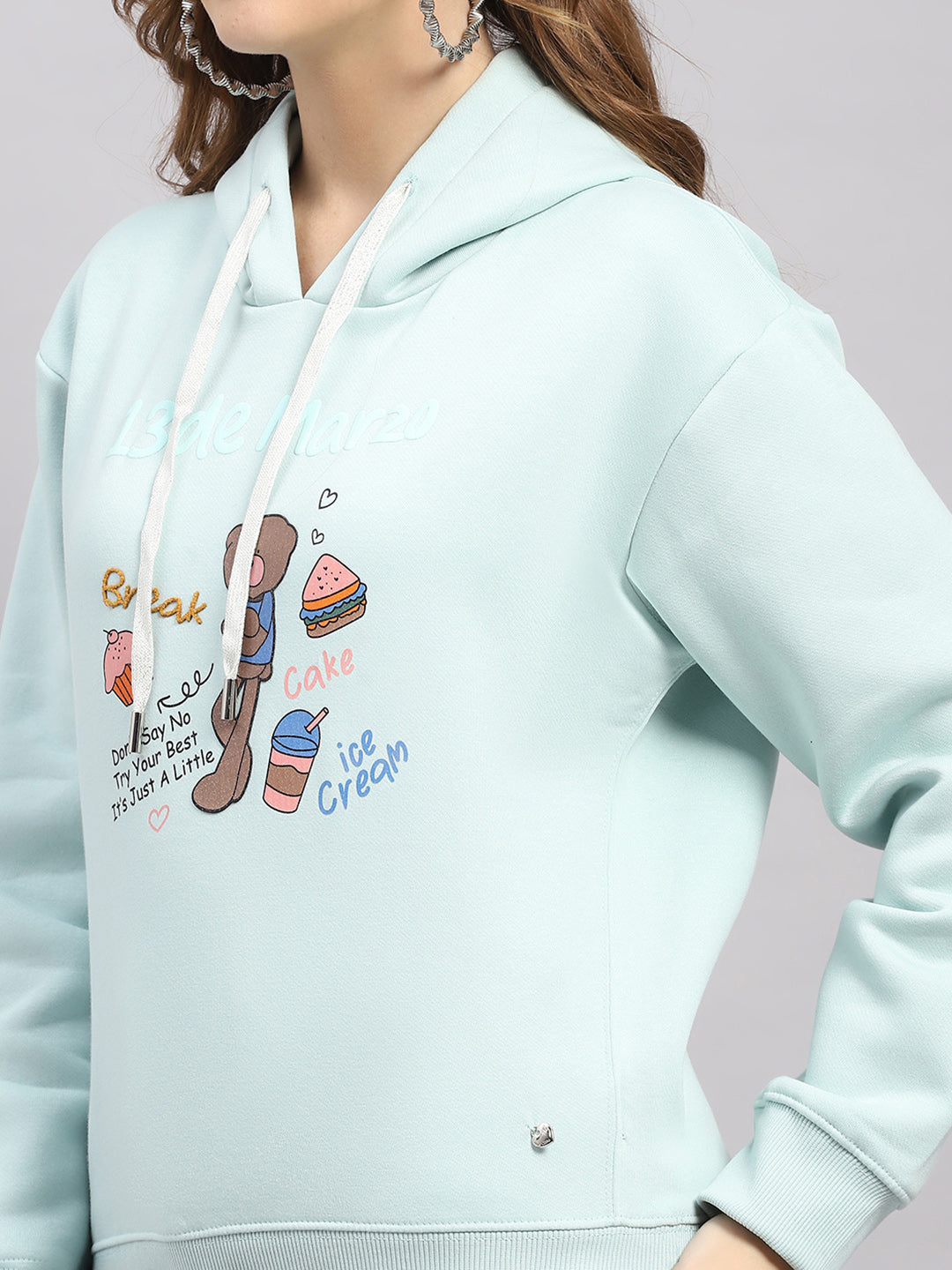 Women Sea Green Printed Hooded Full Sleeve Sweatshirt
