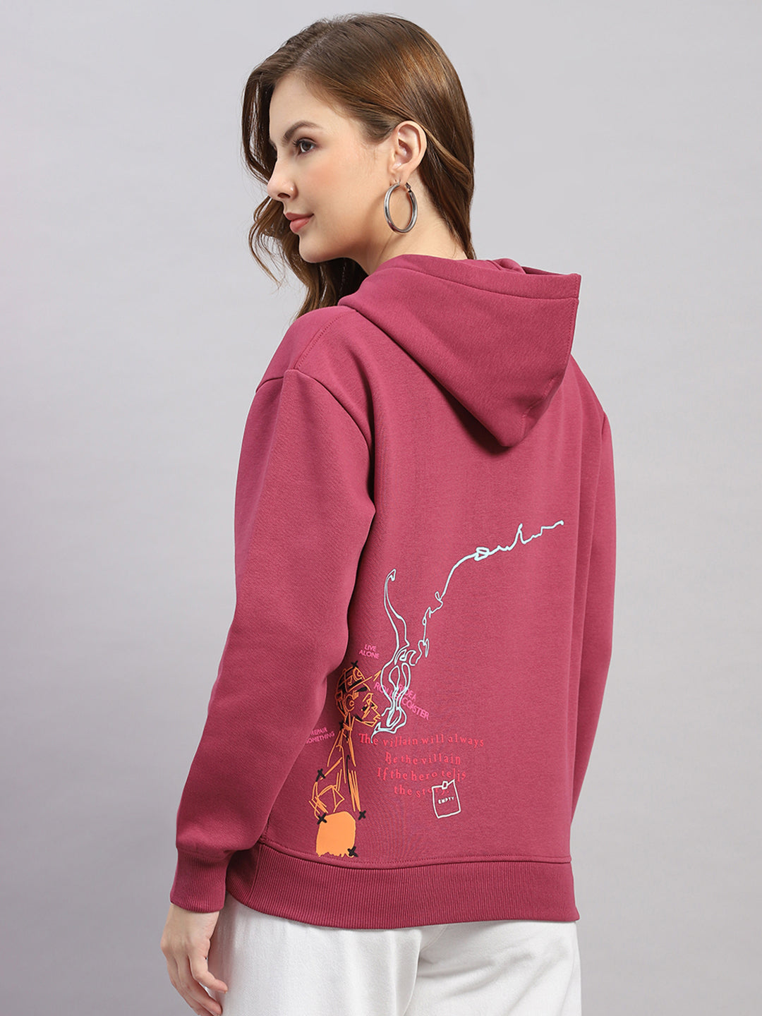 Women Rose Pink Printed Hooded Full Sleeve Sweatshirt