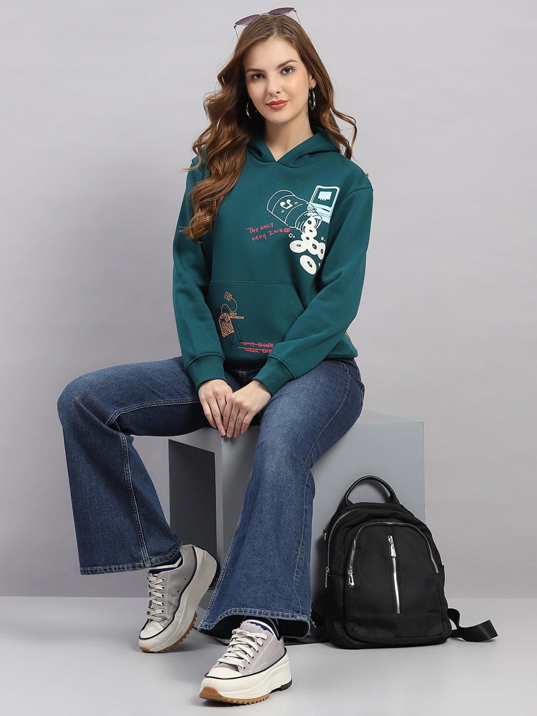 Women Green Printed Hooded Full Sleeve Sweatshirt