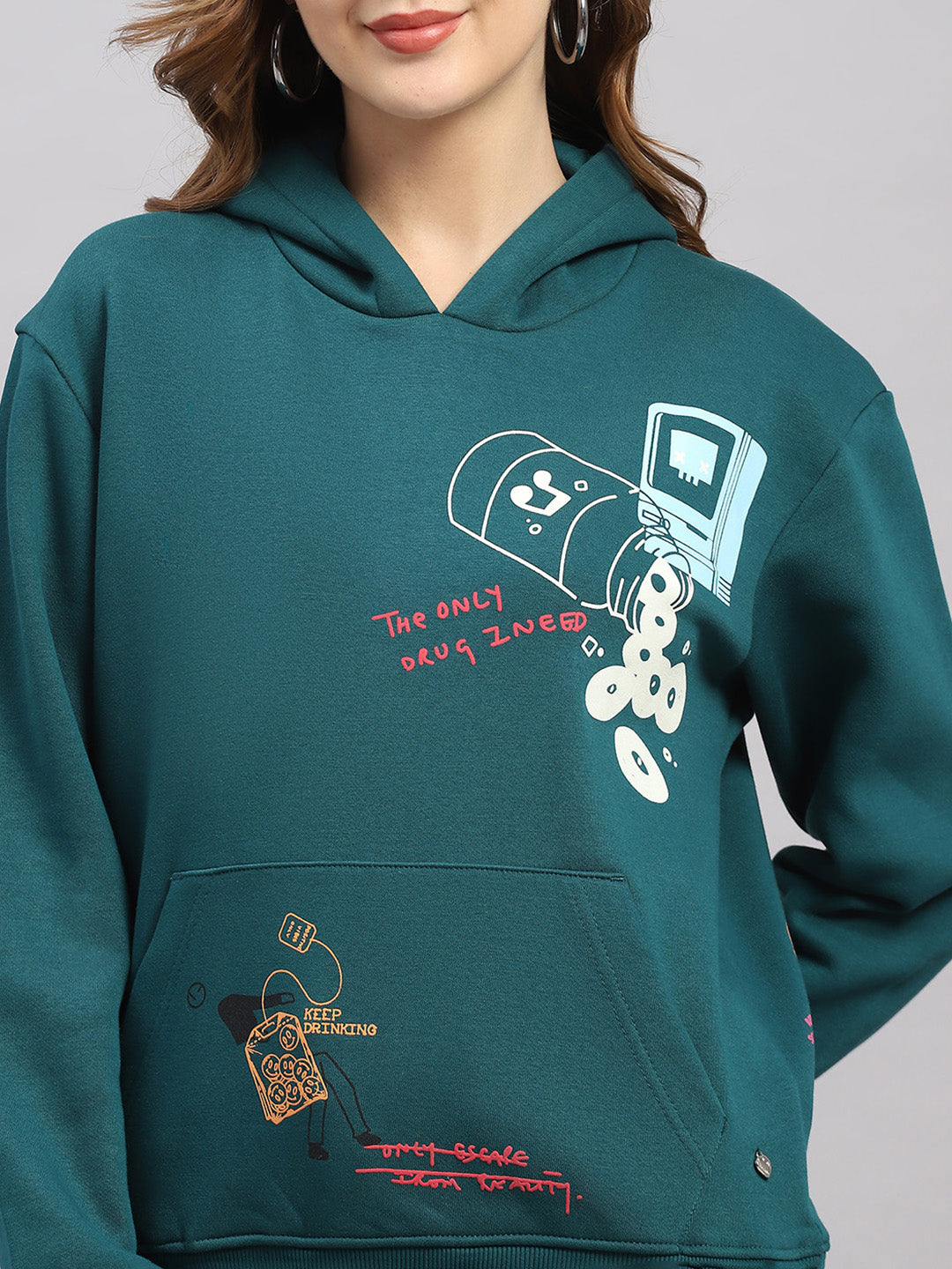 Women Green Printed Hooded Full Sleeve Sweatshirt
