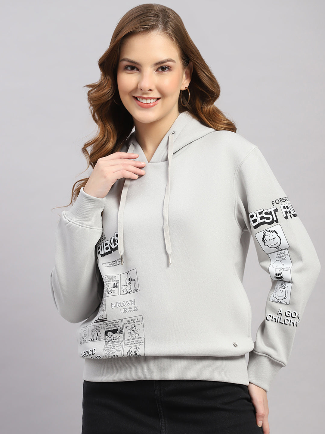 Women Grey Printed Hooded Full Sleeve Sweatshirt