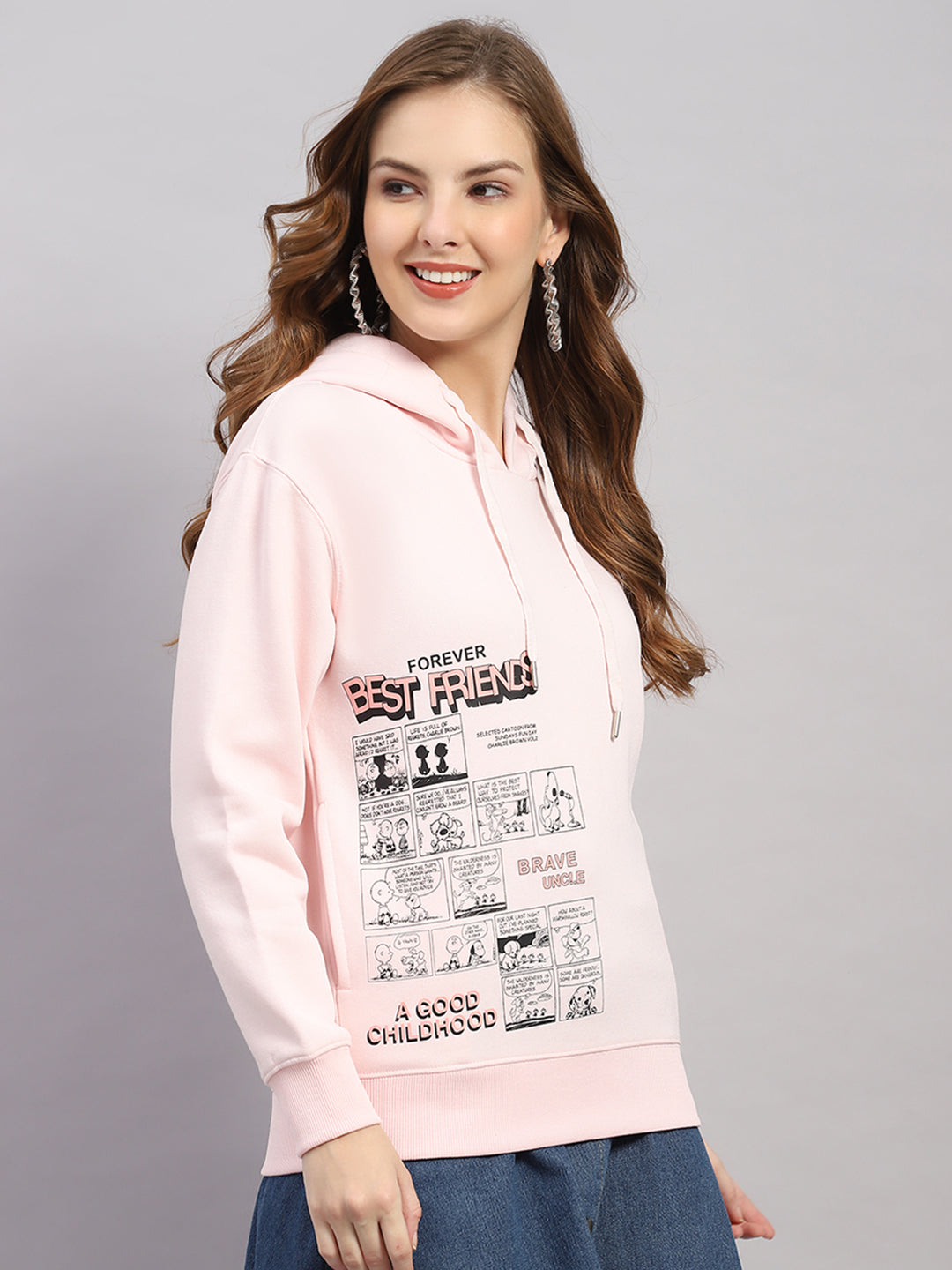 Women Pink Printed Hooded Full Sleeve Sweatshirt