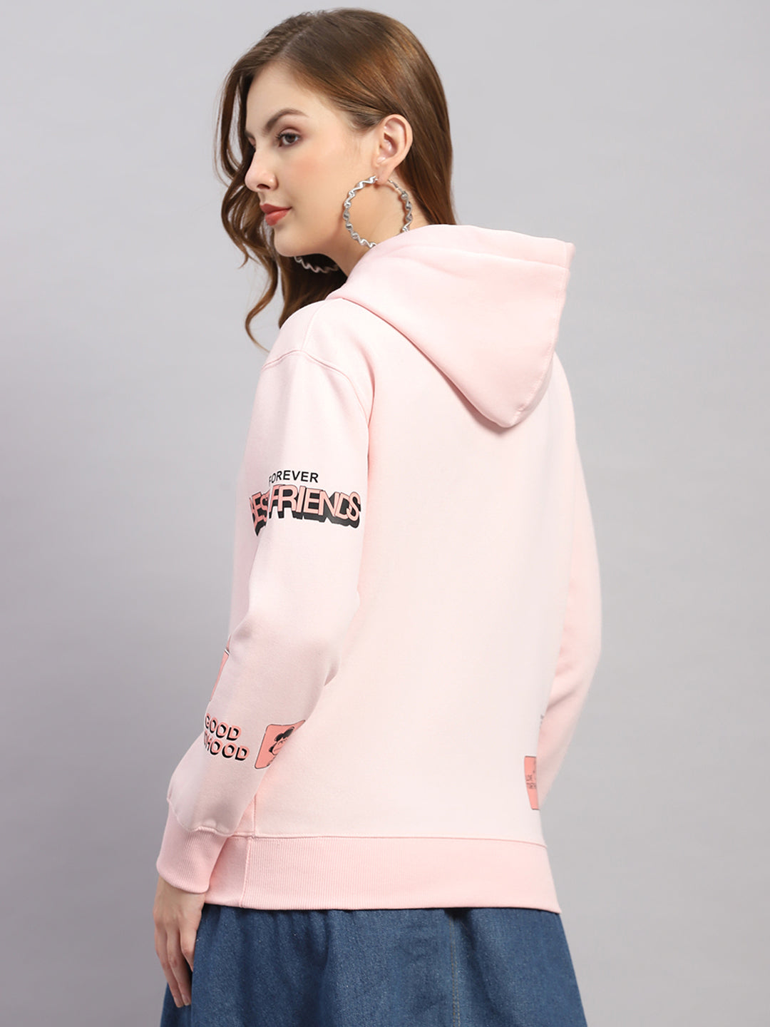 Women Pink Printed Hooded Full Sleeve Sweatshirt