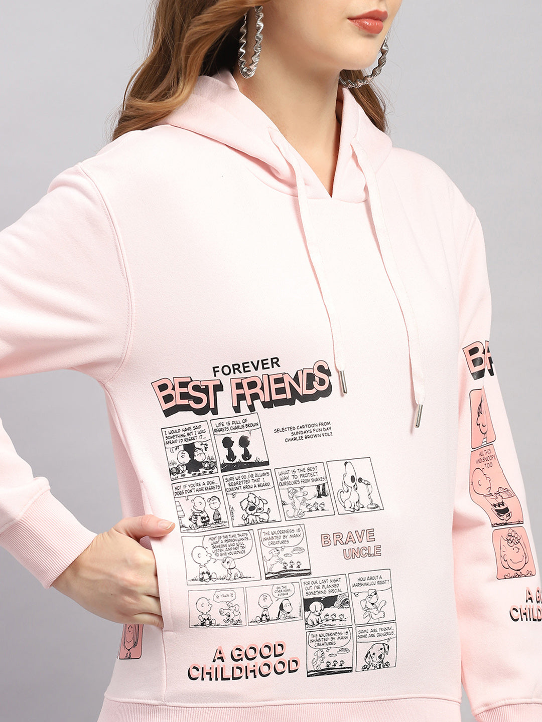 Women Pink Printed Hooded Full Sleeve Sweatshirt