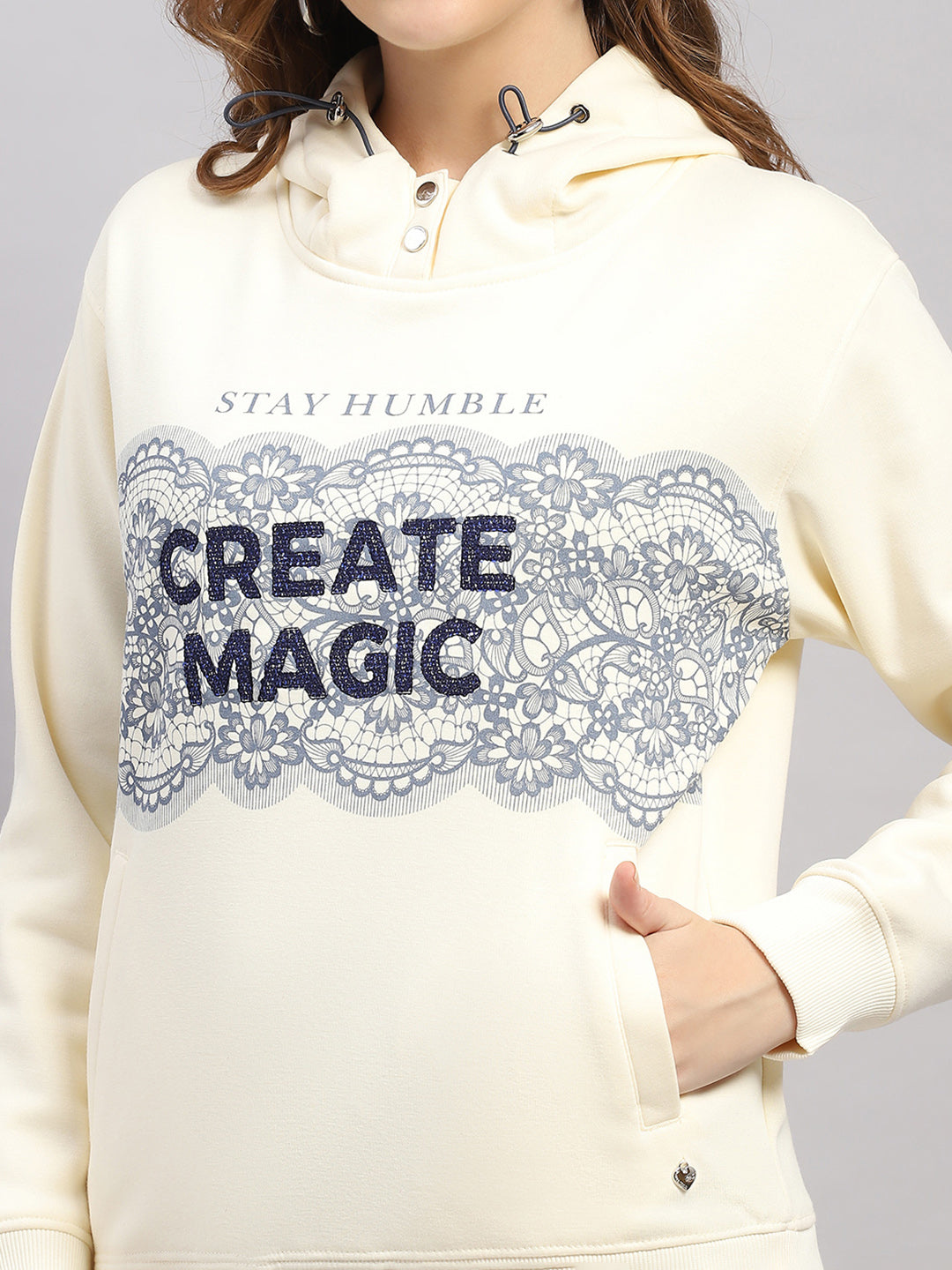 Women Cream Printed Hooded Full Sleeve Sweatshirt