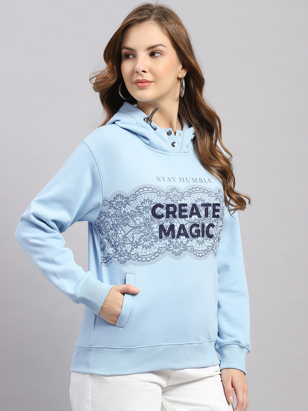 Women Sky Blue Printed Hooded Full Sleeve Sweatshirt