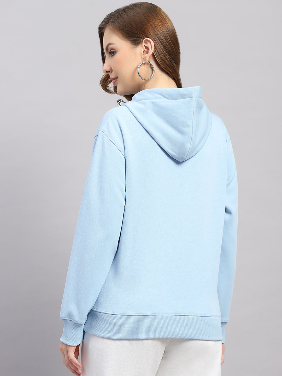 Women Sky Blue Printed Hooded Full Sleeve Sweatshirt