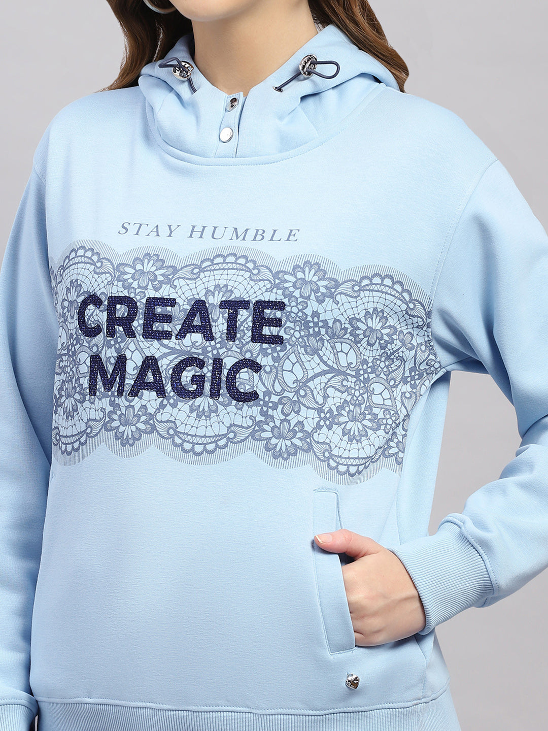 Women Sky Blue Printed Hooded Full Sleeve Sweatshirt
