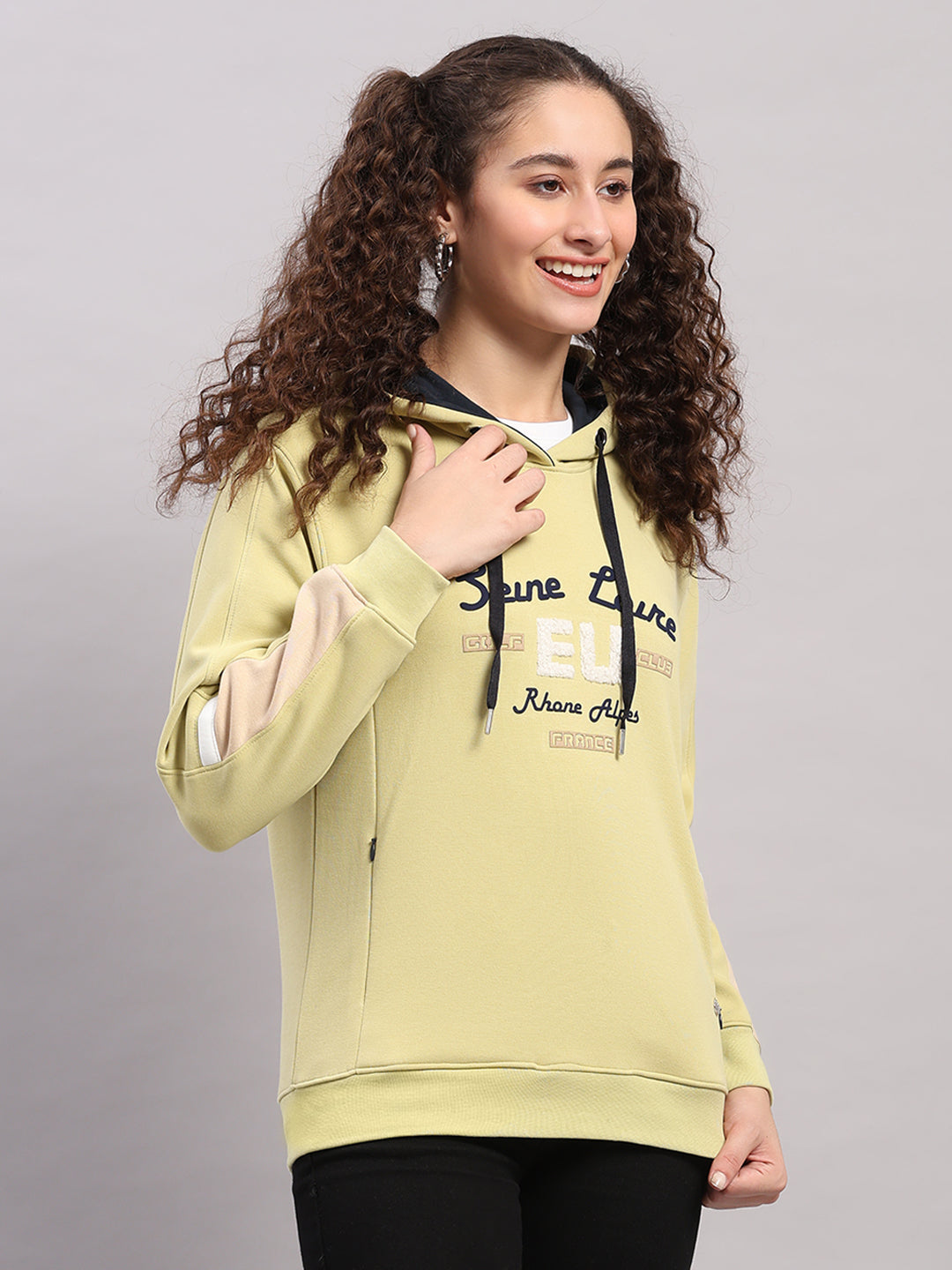 Women Green Printed Hooded Full Sleeve Sweatshirt