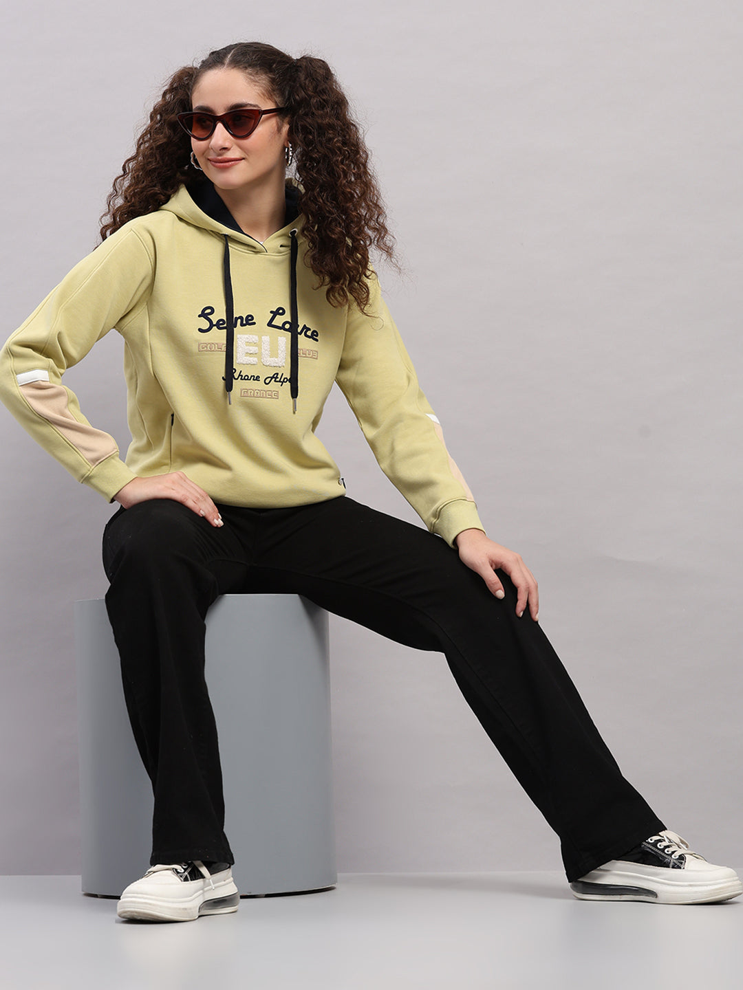 Women Green Printed Hooded Full Sleeve Sweatshirt