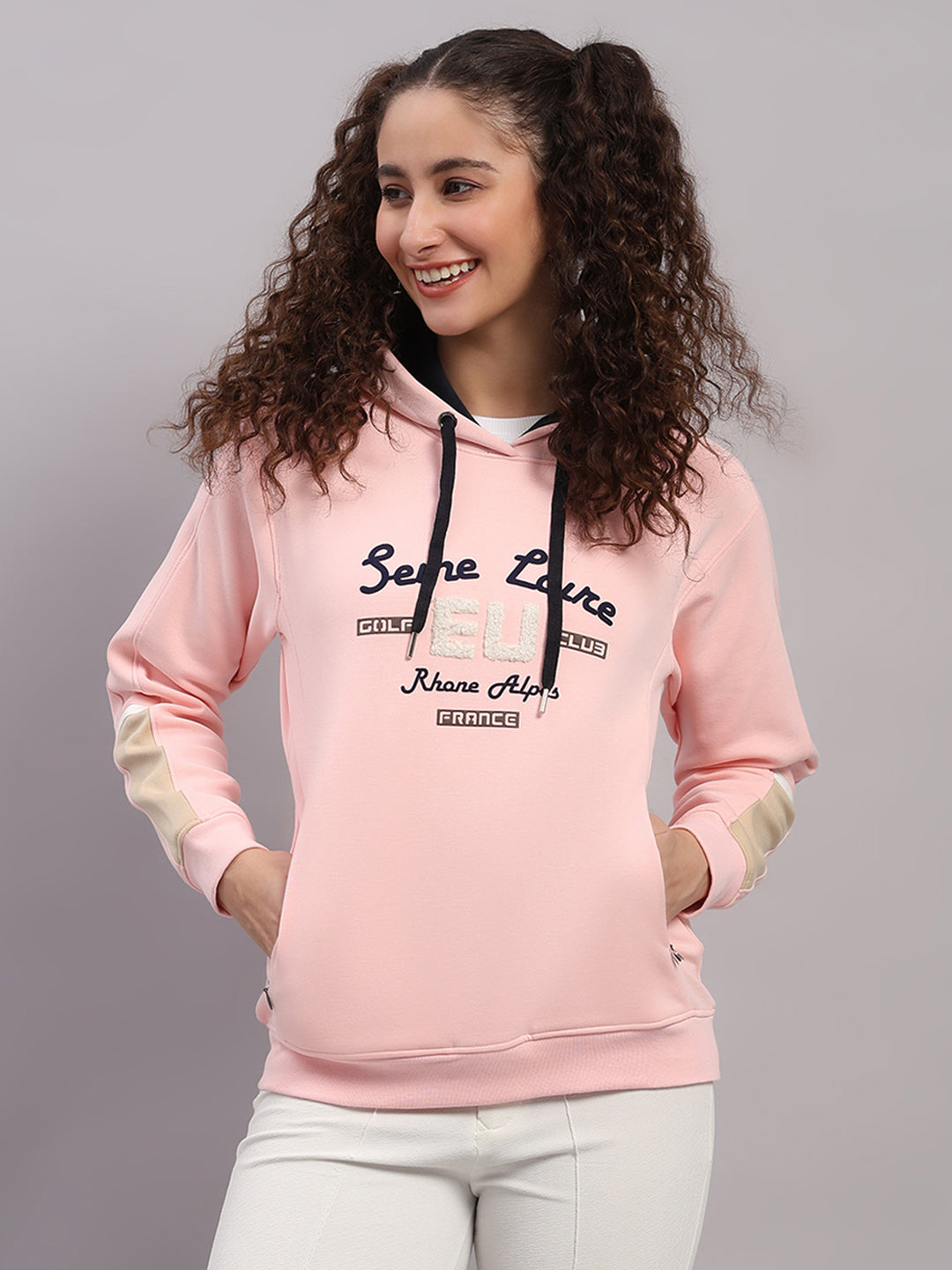 Women Pink Printed Hooded Full Sleeve Sweatshirt