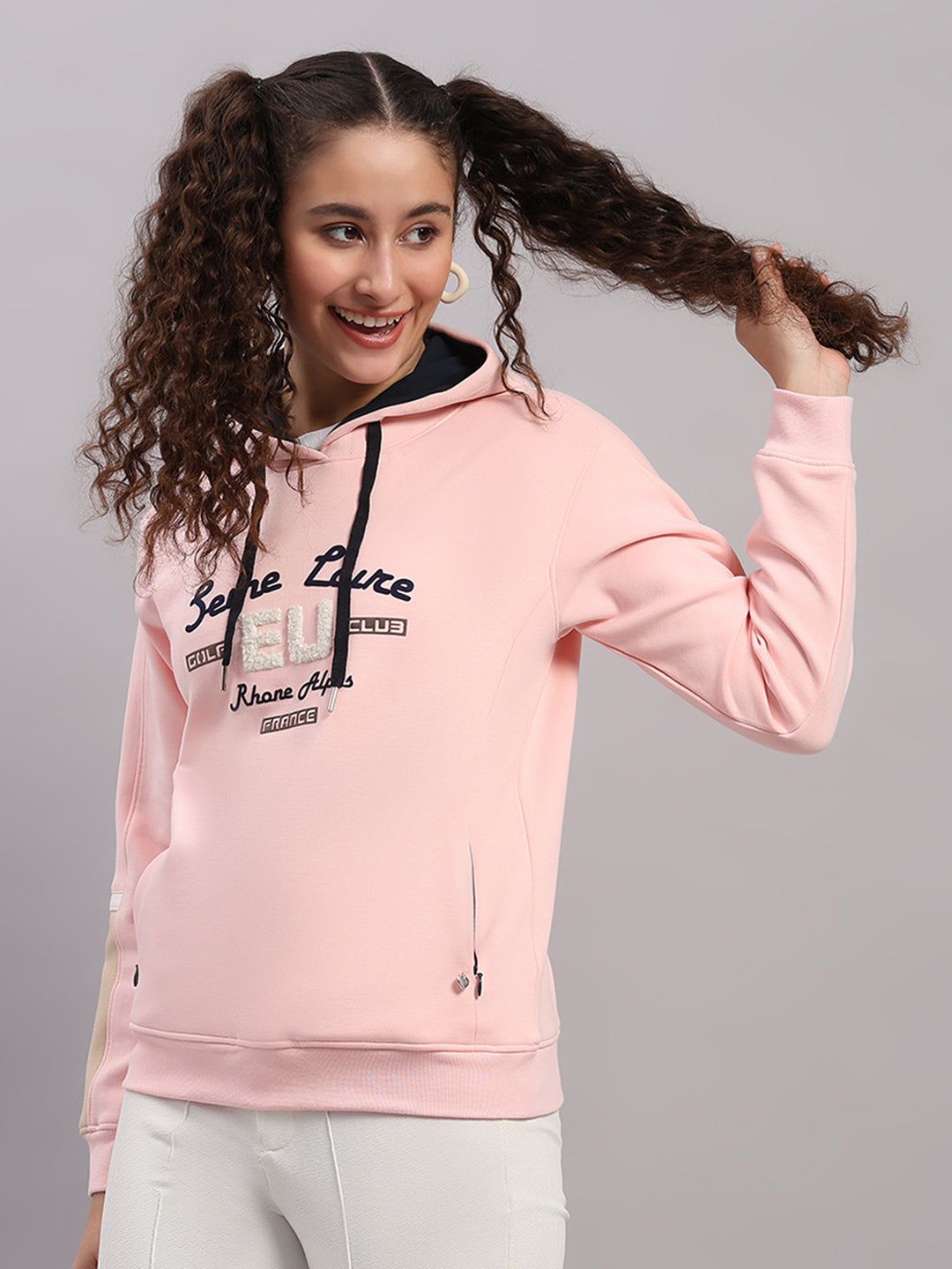 Women Pink Printed Hooded Full Sleeve Sweatshirt