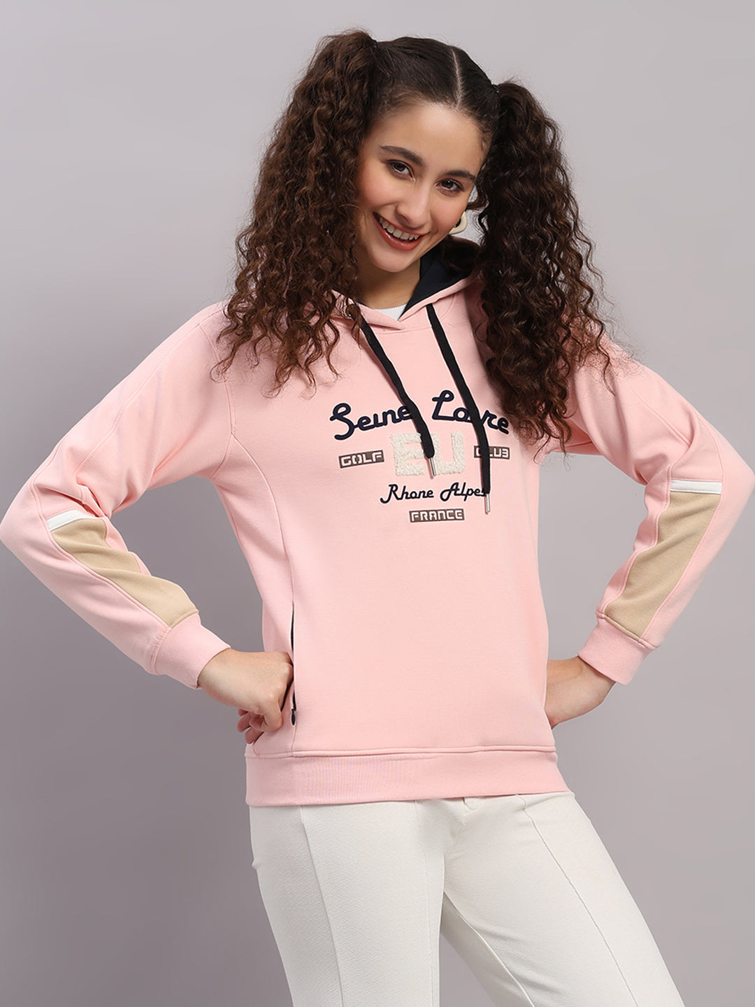 Women Pink Printed Hooded Full Sleeve Sweatshirt