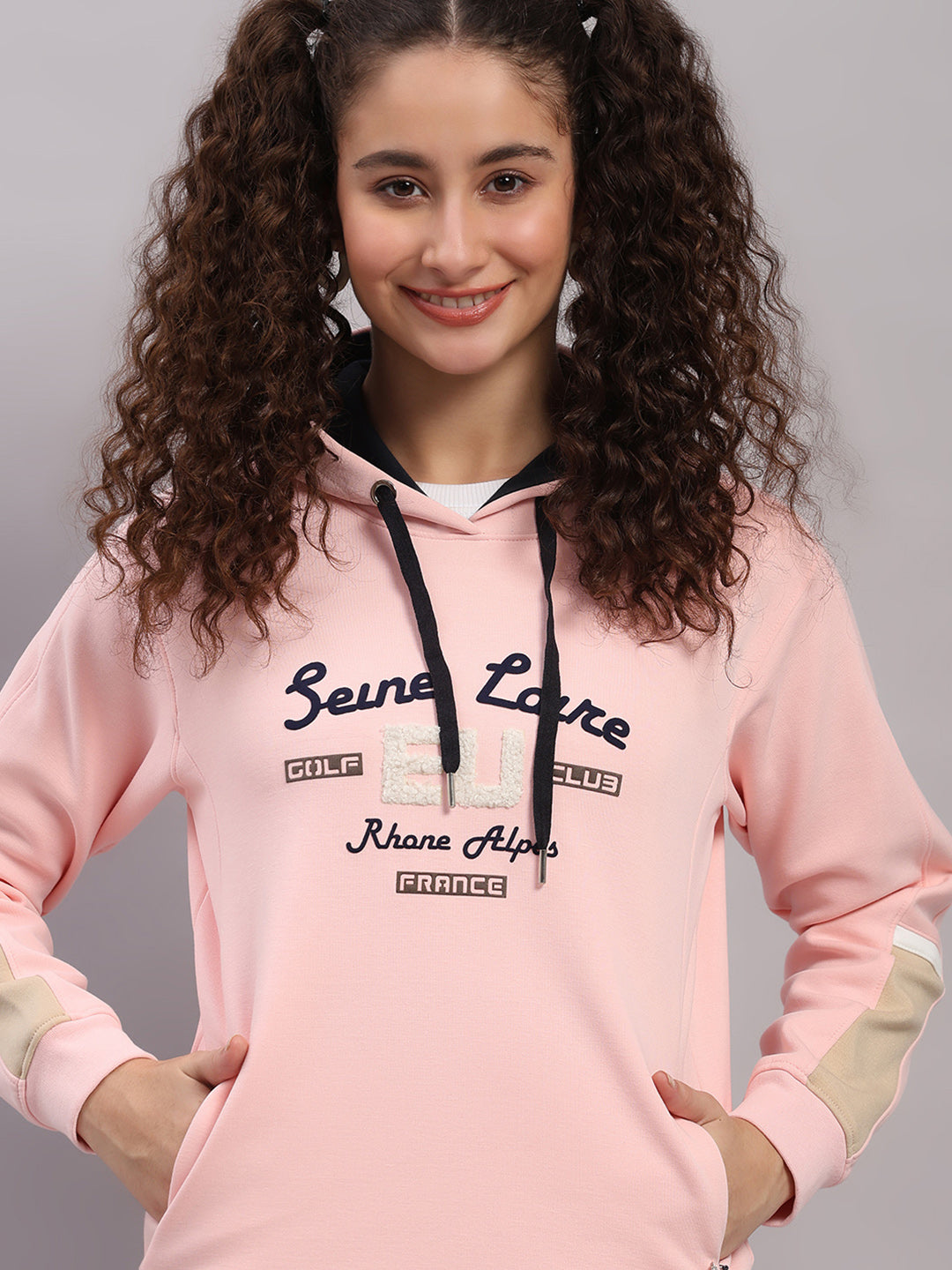 Women Pink Printed Hooded Full Sleeve Sweatshirt
