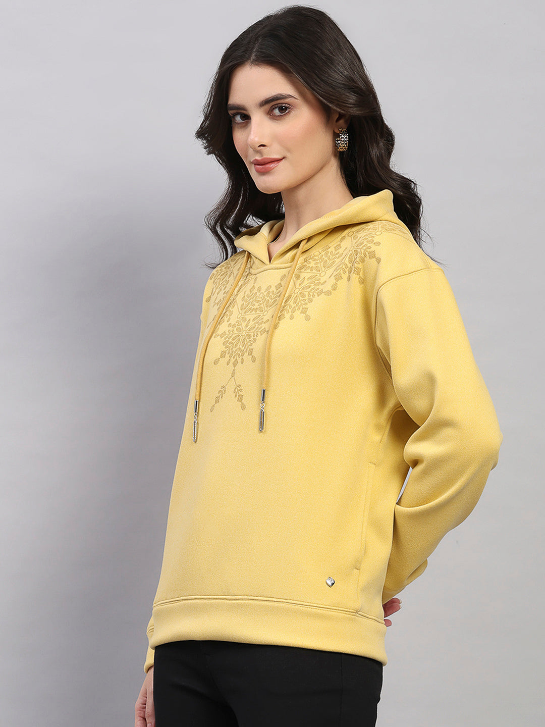 Women Yellow Printed Hooded Full Sleeve Sweatshirt