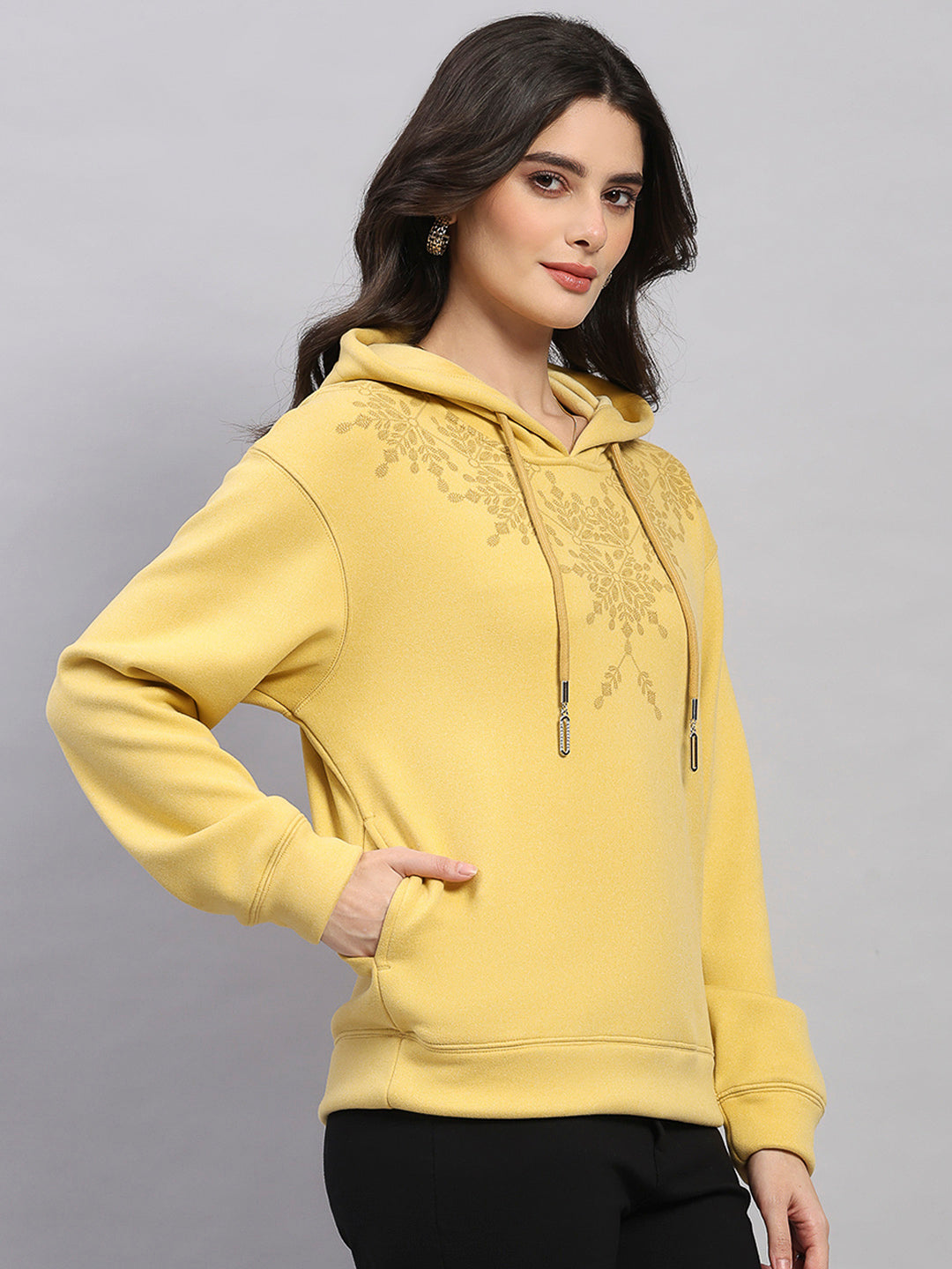 Women Yellow Printed Hooded Full Sleeve Sweatshirt