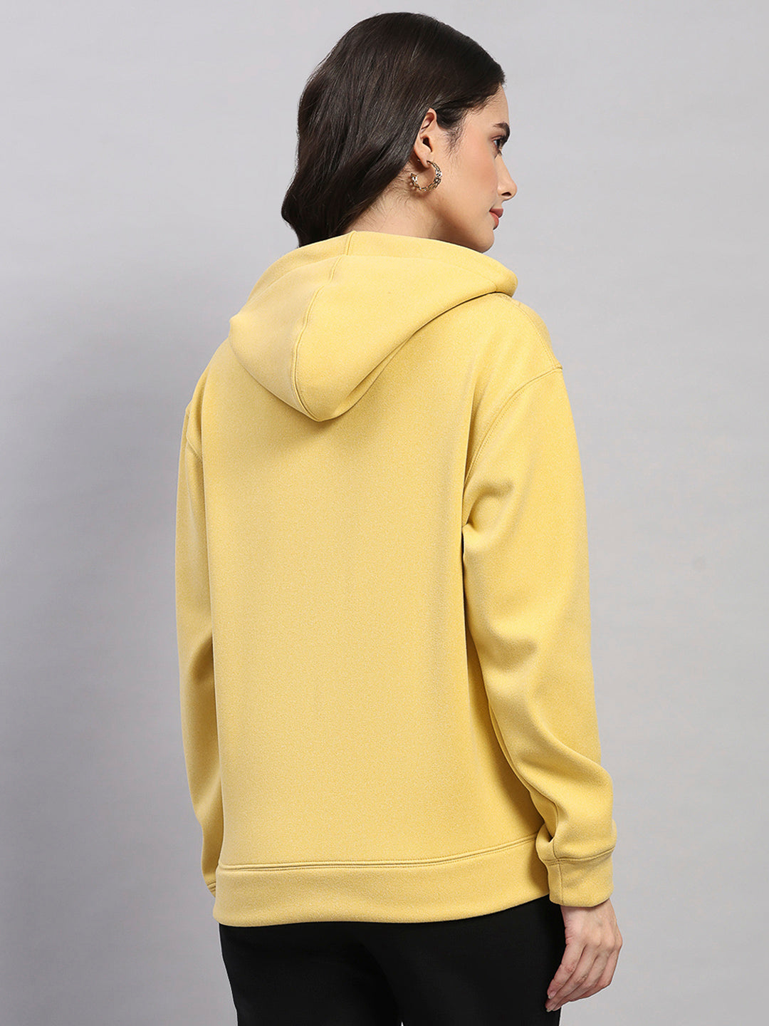 Women Yellow Printed Hooded Full Sleeve Sweatshirt