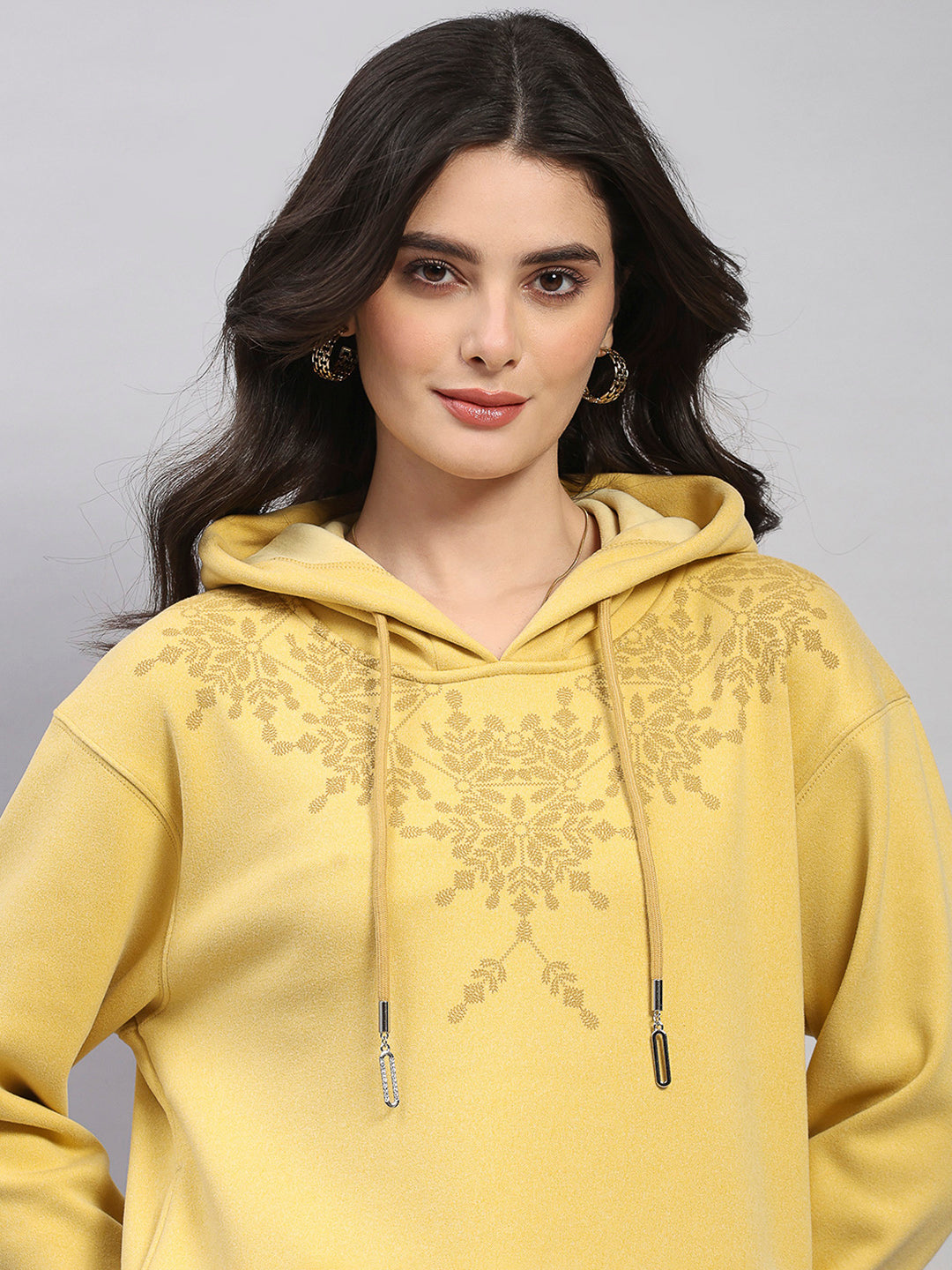 Women Yellow Printed Hooded Full Sleeve Sweatshirt