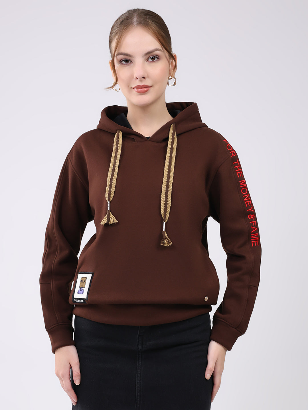 Women Brown Printed Hooded Full Sleeve Sweatshirt