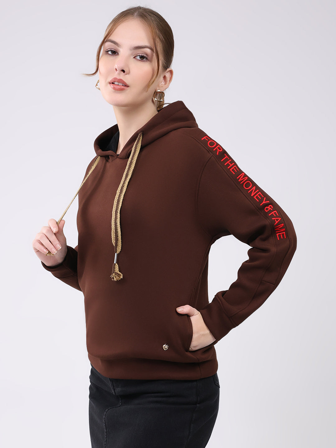 Women Brown Printed Hooded Full Sleeve Sweatshirt
