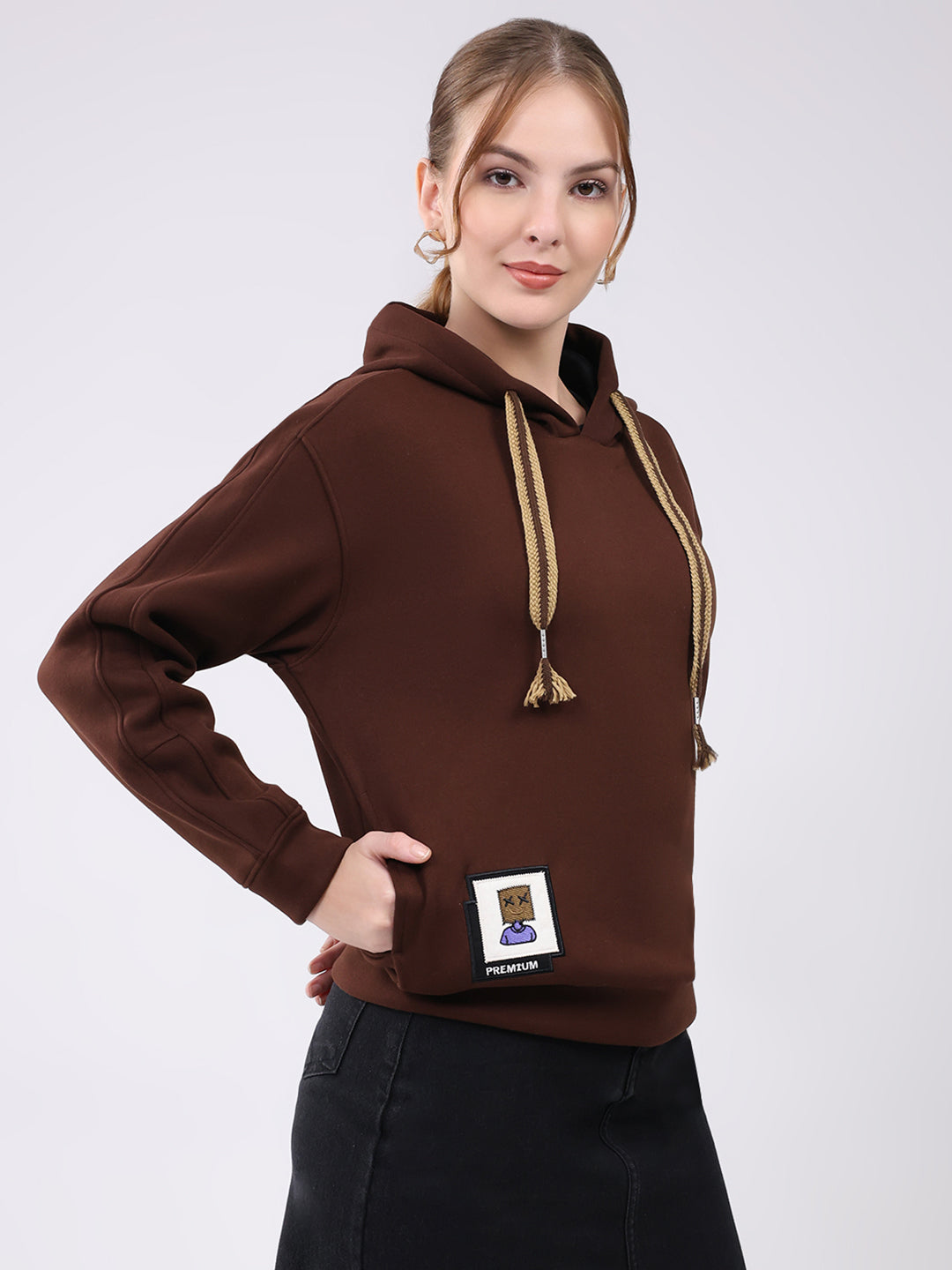Women Brown Printed Hooded Full Sleeve Sweatshirt
