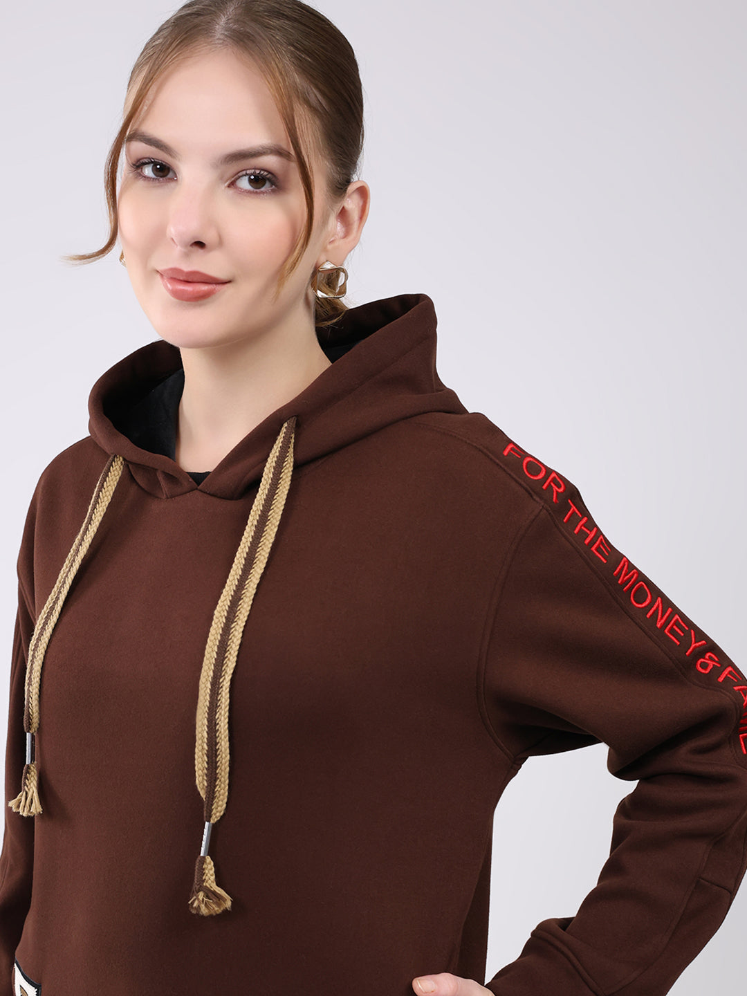 Women Brown Printed Hooded Full Sleeve Sweatshirt
