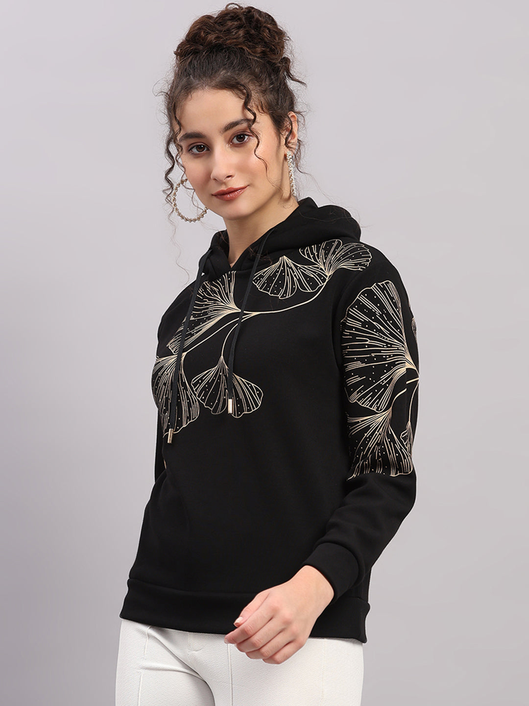 Women Black Printed Hooded Full Sleeve Sweatshirt