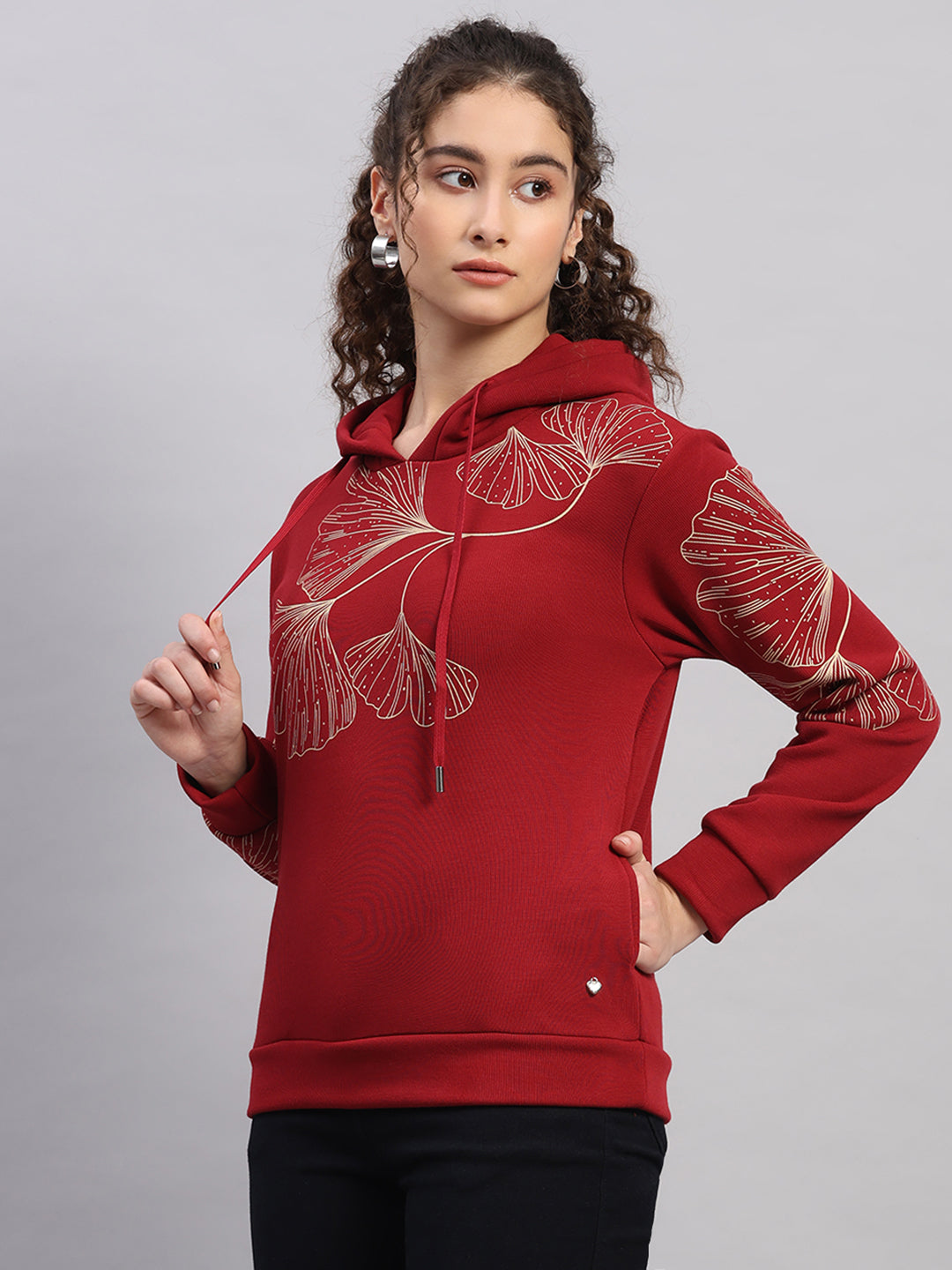 Women Maroon Printed Hooded Full Sleeve Sweatshirt