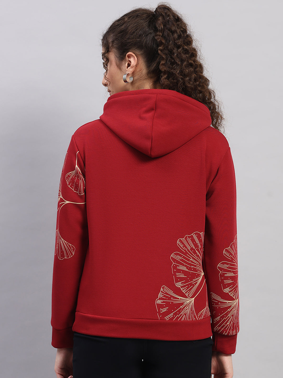 Women Maroon Printed Hooded Full Sleeve Sweatshirt