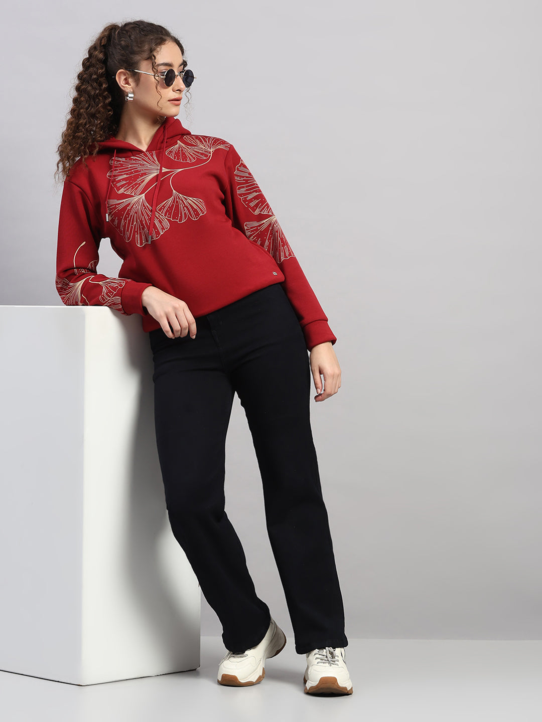 Women Maroon Printed Hooded Full Sleeve Sweatshirt