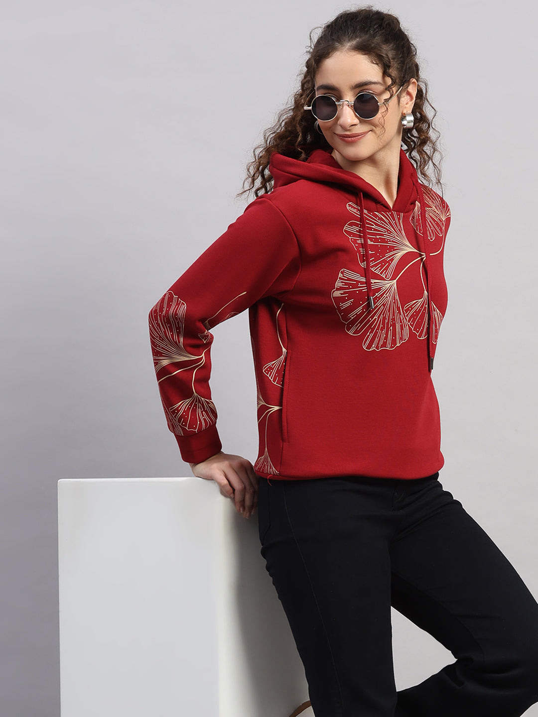Women Maroon Printed Hooded Full Sleeve Sweatshirt