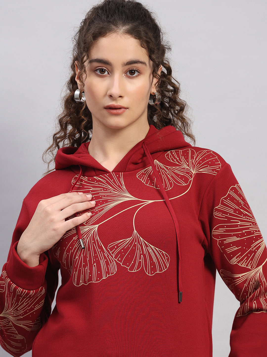 Women Maroon Printed Hooded Full Sleeve Sweatshirt