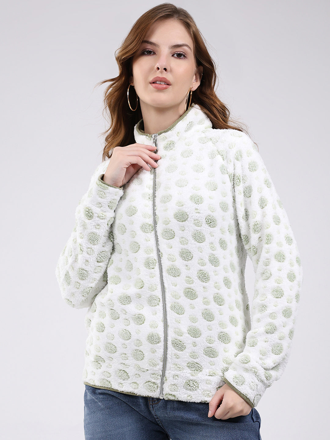 Women White Self Design Mock Neck Full Sleeve Sweatshirt