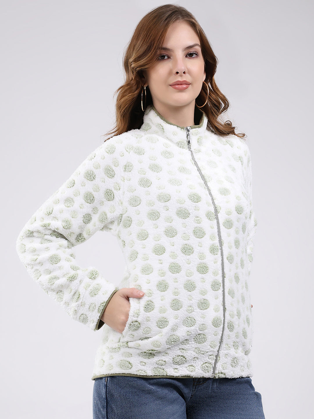 Women White Self Design Mock Neck Full Sleeve Sweatshirt