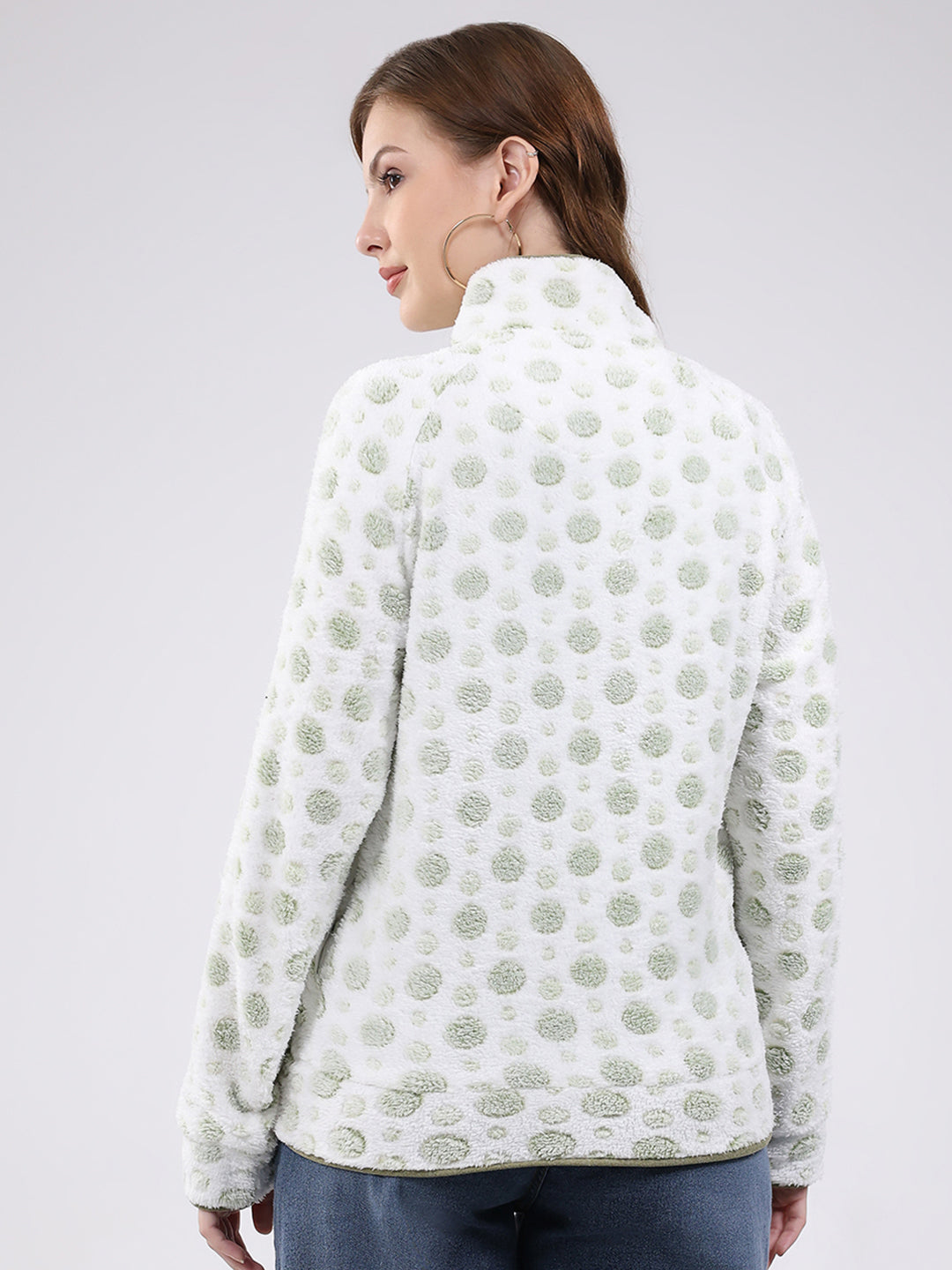 Women White Self Design Mock Neck Full Sleeve Sweatshirt